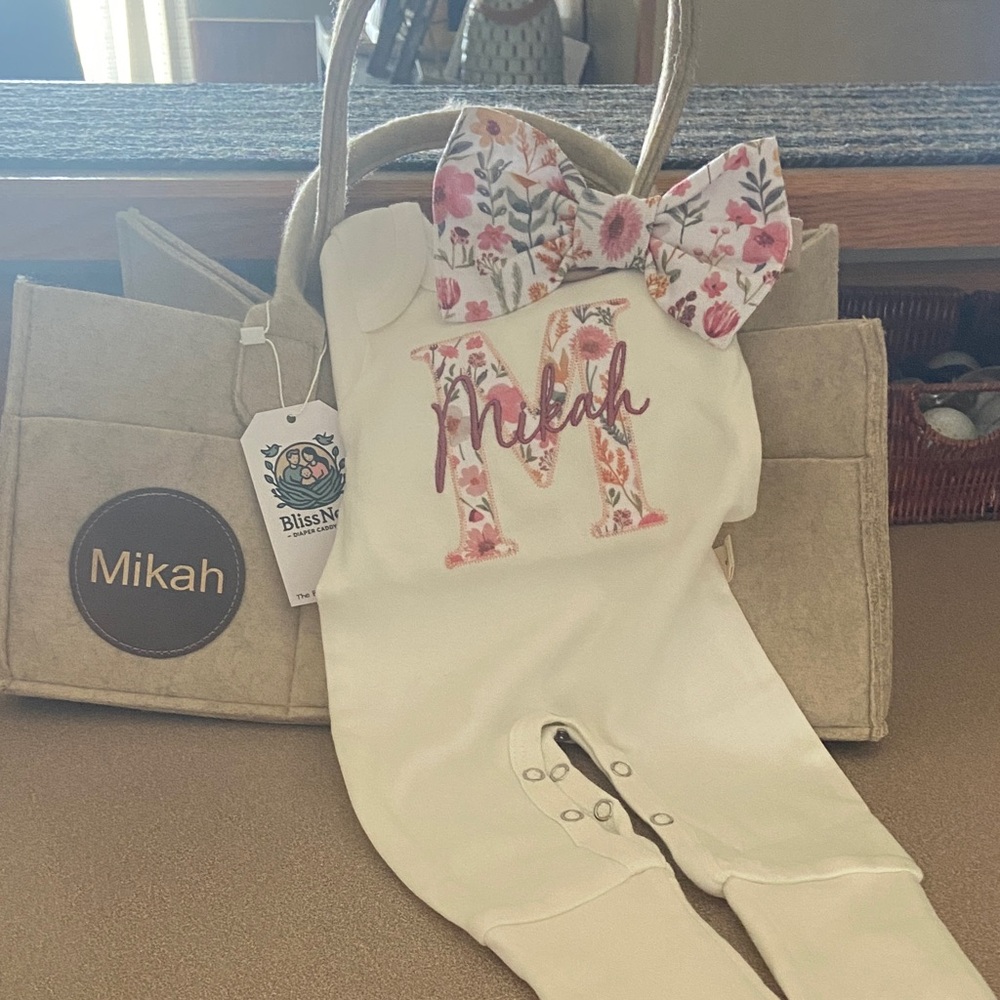 0-3 months onesie and diaper caddie; personalized for baby girl Mikah
